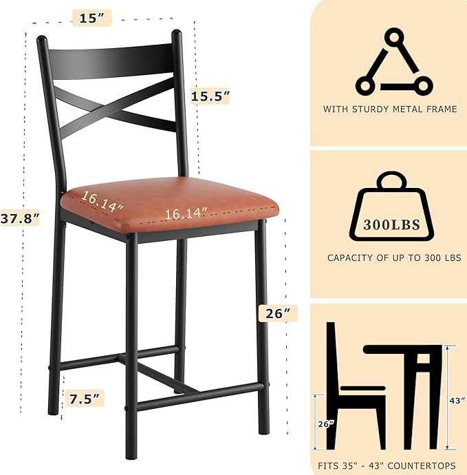 Garvee Bar Stools Set of 4, Counter Height Bar Chairs with Back and Thick Cushion, Upholstered Dining Chairs with Padded Seat, Barstools for Kitchen Island, Bar, Dining Room, Modern Brown