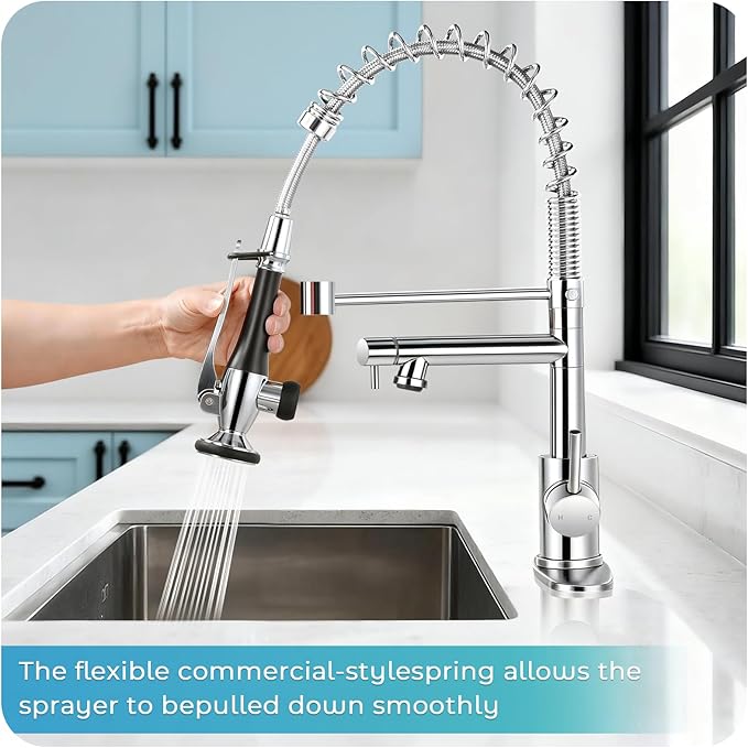 Kitchen Faucet with Pull Down Sprayer - Chrome Single Handle Commercial Kitchen Faucets, 2-Spout Stainless Steel Spring Pull Out Kitchen Sink Faucet 1/3 Hole with Deck Plate