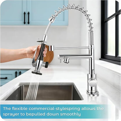 Kitchen Faucet with Pull Down Sprayer - Chrome Single Handle Commercial Kitchen Faucets, 2-Spout Stainless Steel Spring Pull Out Kitchen Sink Faucet 1/3 Hole with Deck Plate