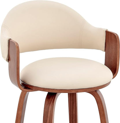 Armen Living Daxton Mid Century Modern Swivel Bar Stool for Kitchen Island Counter in Cream Faux Leather and Walnut Wood, 26" Seat Height