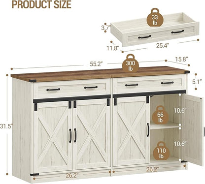 Hzuaneri Kitchen Storage Cabinet, Buffet Cabinet with Storage, Modern Farmhouse Sideboard Cabinets with Drawer, 55.1" Coffee Bar Cabinets with Doors & Adjustable Shelves, for Kitchen, White Brown
