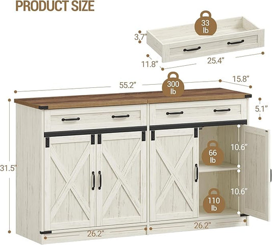 Hzuaneri Kitchen Storage Cabinet, Buffet Cabinet with Storage, Modern Farmhouse Sideboard Cabinets with Drawer, 55.1" Coffee Bar Cabinets with Doors & Adjustable Shelves, for Kitchen, White Brown