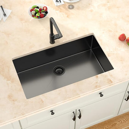 30 Inch Black Kitchen Sink Undermount-30x18x9 Stainless Steel Sinks Single Bowl black sink 304 18 Gauge Basin with Drain Assembly