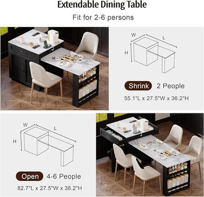 82.7"-56" Kitchen Island with Extendable Dining Table, Faux Mable Kitchen Cart with Power Outlet, Double-Sized Storage, Rolling Kitchen Table with Storage 2 Drawers 2 Side Open Shelves, Black