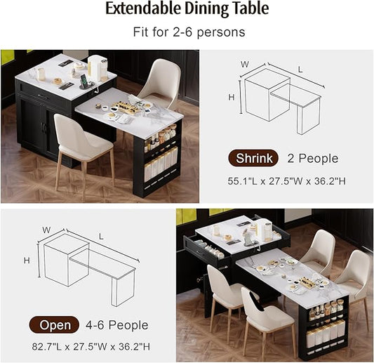 82.7"-56" Kitchen Island with Extendable Dining Table, Faux Mable Kitchen Cart with Power Outlet, Double-Sized Storage, Rolling Kitchen Table with Storage 2 Drawers 2 Side Open Shelves, Black