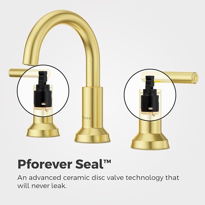 Pfister Capistrano Brushed Gold Bathroom Sink Faucet 8 in Widespread 3 Hole 2 Handle NSF Certified Push & Seal Drain TiteSeal Mounting Technology Vanity Faucet LF049CSOBG