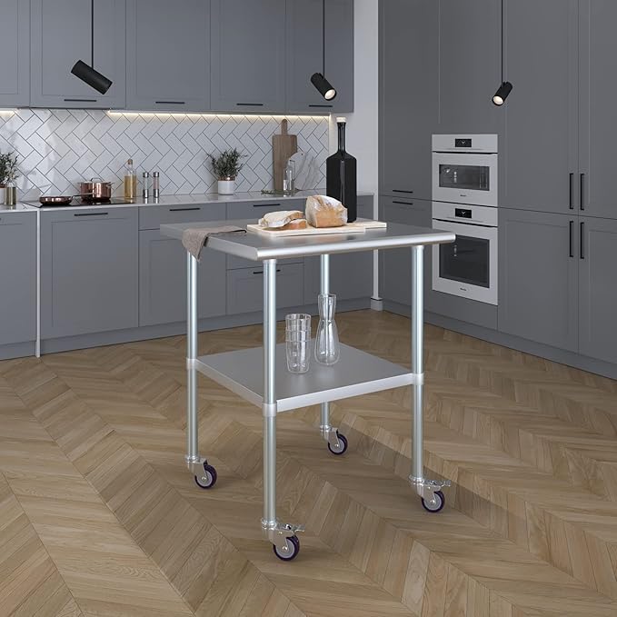 Stainless Steel Work Table with Wheels | NSF Kitchen Island Food Prep | Laundry Garage Utility Bench (Table + Wheels, 30" Long x 30" Deep)