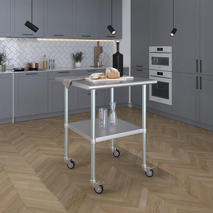 Stainless Steel Work Table with Wheels | NSF Kitchen Island Food Prep | Laundry Garage Utility Bench (Table + Wheels, 30" Long x 30" Deep)