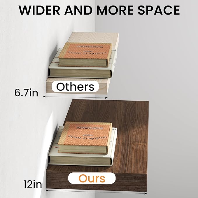 32Inch Walnut Floating Shelves for Wall, 12 Inch Deep Shelves for Bedroom, Kitchen, Bathroom Wall Mounted, Rustic Wood Floating Shelf with Invisible Brackets for Books, Storage, Decor, 2 Packs
