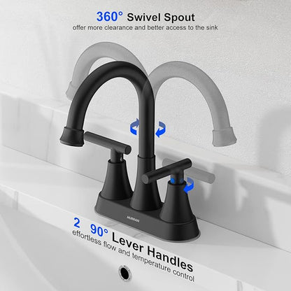 Bathroom Faucets for Sink 3 Hole, Hurran 4 inch Matte Black with Pop-up Drain and 2 Supply Hoses, Stainless Steel Lead-Free 2-Handle Centerset Faucet for Sink Vanity