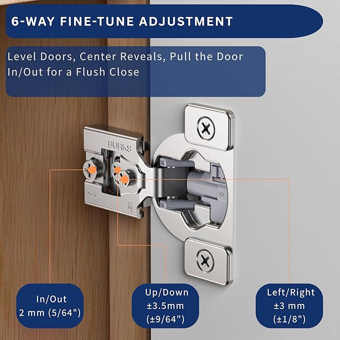 Burks Hinges 10 Pack 1/2'' Overlay Soft Close Hinges for Kitchen Cabinets - Stainless Steel, Anti-Rust, Self Closing Concealed Hinges, Installation Instruction and Screws Included
