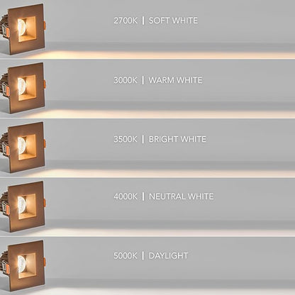 Maxxima 2 in. Ultra-Thin Recessed Anti-Glare LED Downlight - Canless IC Rated, 550 Lumens, 5 Color Temperature Selectable 2700K/3000K/3500K/4000K/5000K, Dimmable Square Bronze Trim, 90 CRI
