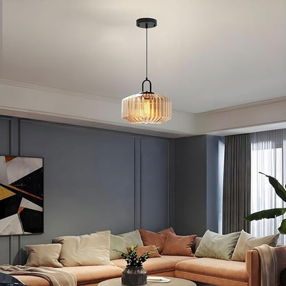 11-Inch Vintage Industrial Ribbed Glass Pendant Light Adjustable Height E26 Hanging Light for Kitchen Island Dining Room Bedroom Living Room Bar (Amber)