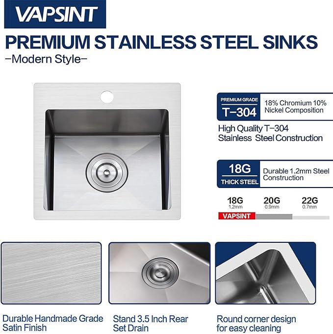 VAPSINT 15x15 Inch Drop In Bar Sink, Topmount Single Bowl Handmade 16 Guage Stainless Steel Small Kitchen Sink for Wet Bar Prep RV Outdoor with Grid & Drain Strainer