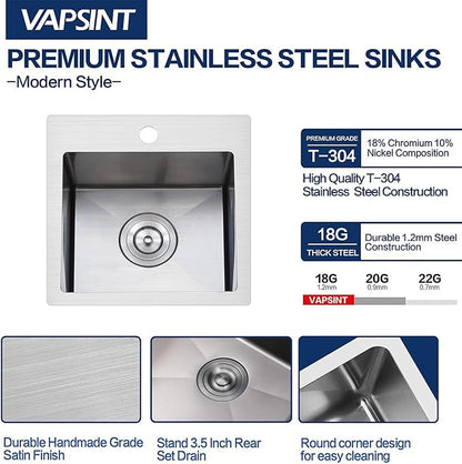 VAPSINT 15x15 Inch Drop In Bar Sink, Topmount Single Bowl Handmade 16 Guage Stainless Steel Small Kitchen Sink for Wet Bar Prep RV Outdoor with Grid & Drain Strainer