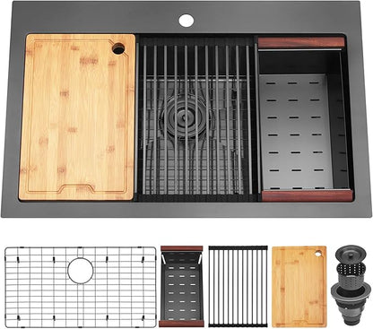 Kitsitchen Black Drop In Kitchen Sink 33x22, 16 Gauge T-304S Stainless Steel Top-Mount Workstaion Sink, 33" x 22" x " Large and Deep Single Bowl Kitchen Sinks with Practical Accessories