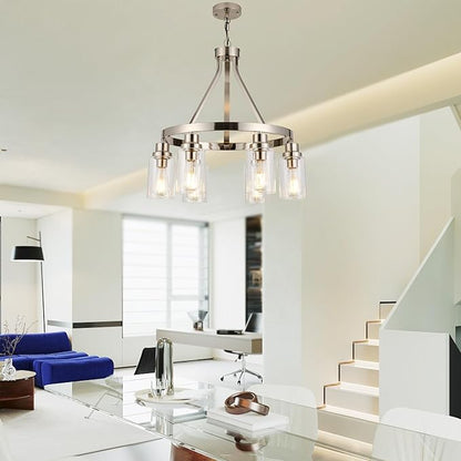 Brushed Nickel Chandeliers 6 Light Modern Dining Room Lighting Fixtures Hanging, Kitchen Island Linear Pendant Lights Farmhouse Flush Mount Ceiling Light with Glass Shade