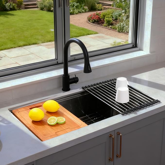 HOTIS 32 Inch Black Undermount Kitchen Sink Workstation, 32x18 Inch Large Outdoor Single Bowl Prep Sink, Stainless Steel T304 16 Gauge Deep Kitchen Sinks with Cutting Board Accessories