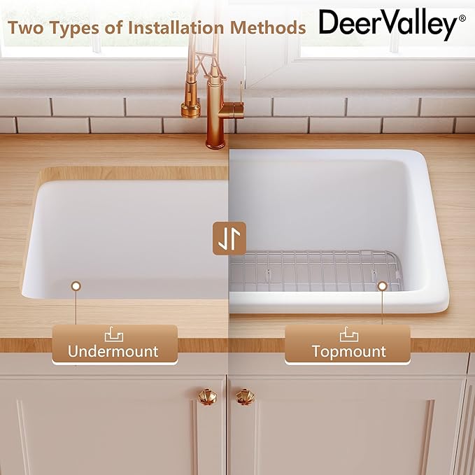 DeerValley Undermount Kitchen Sink 32 inch, White Fireclay Farmhouse Sinks, Single Bowl Deep Drop-in Kitchen Sink with Bottom Grid & Strainer, Heavy Duty Solid Fireclay