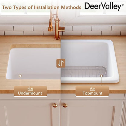 DeerValley Undermount Kitchen Sink 32 inch, White Fireclay Farmhouse Sinks, Single Bowl Deep Drop-in Kitchen Sink with Bottom Grid & Strainer, Heavy Duty Solid Fireclay