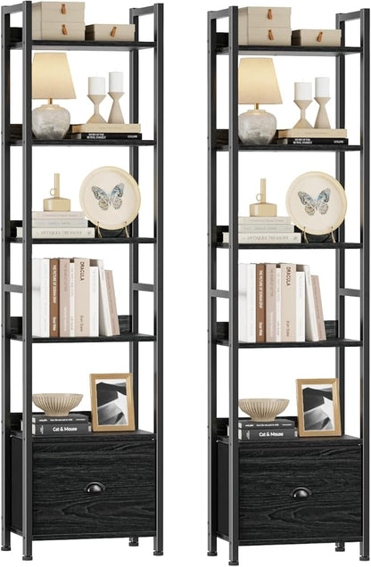Furologee Book Shelf Set of 2, 6 Tier Tall Shelf with Drawer, Bookshelves and Bookcases Set of 2, Industrial Display Shelving Unit for Bedroom, Living Room, Home Office, Black Oak