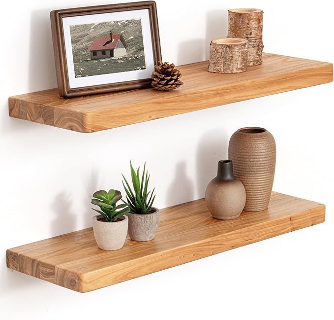 24 Inch Flat Edge Floating Shelves, 8 Inch Deep Solid Elm Wood Wall Shelf, Heavy-Duty Wall Mounted Shelf with Invisible Brackets for Living Room, Bathroom, Kitchen, Set of 2, Natural Color