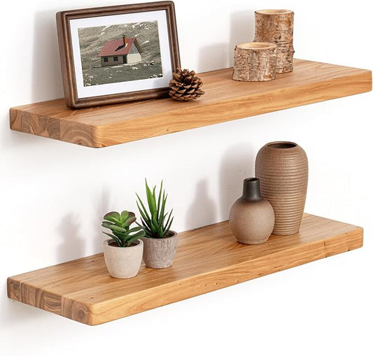 24 Inch Flat Edge Floating Shelves, 8 Inch Deep Solid Elm Wood Wall Shelf, Heavy-Duty Wall Mounted Shelf with Invisible Brackets for Living Room, Bathroom, Kitchen, Set of 2, Natural Color
