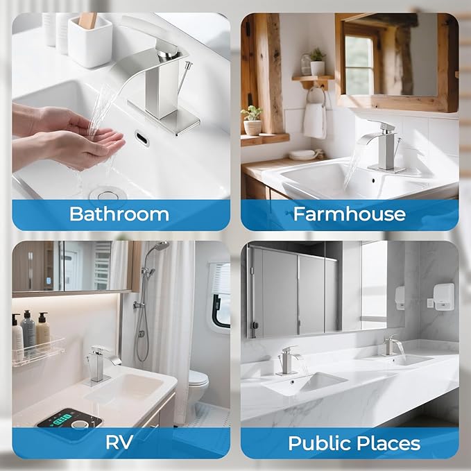 Brushed Nickel Bathroom Faucet with Lift Rod Drain, Waterfall Bathroom Sink Faucet Modern Single Handle Bathroom Faucte 1 or 3 Hole, RV Mixer Tap Vanity Faucet Washbasin Faucet with Deck