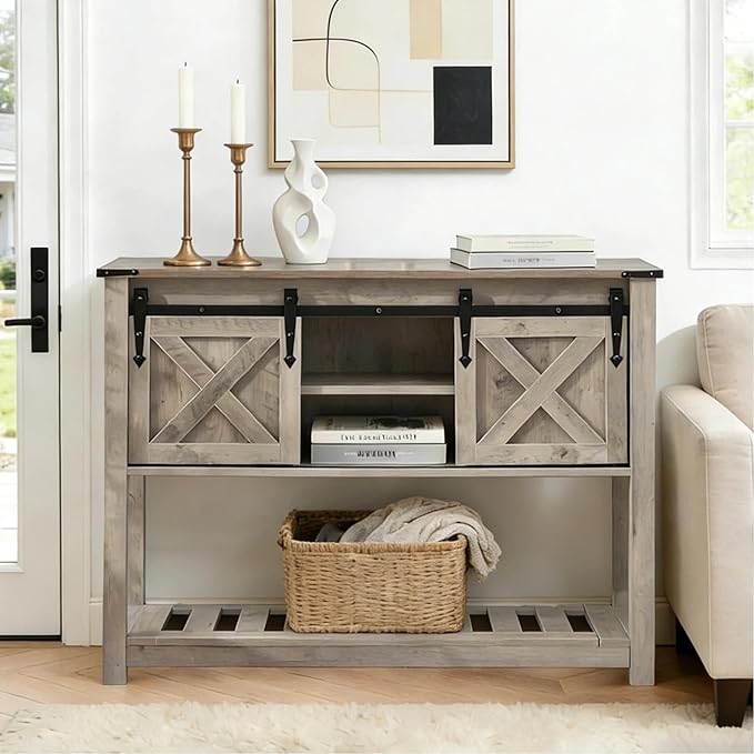 Entryway Table with Storage, Farmhouse Buffet Cabinet Coffee Bar Kitchen Island with Sliding Barn Doors & Shelves, Console Table for Kitchen, Dining Room, Living Room, Grey