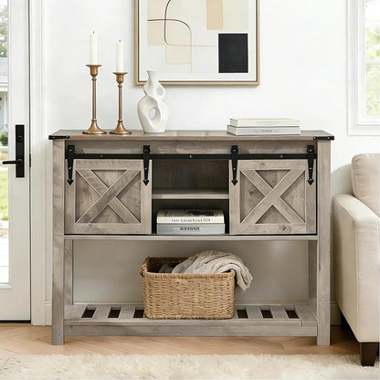 Entryway Table with Storage, Farmhouse Buffet Cabinet Coffee Bar Kitchen Island with Sliding Barn Doors & Shelves, Console Table for Kitchen, Dining Room, Living Room, Grey