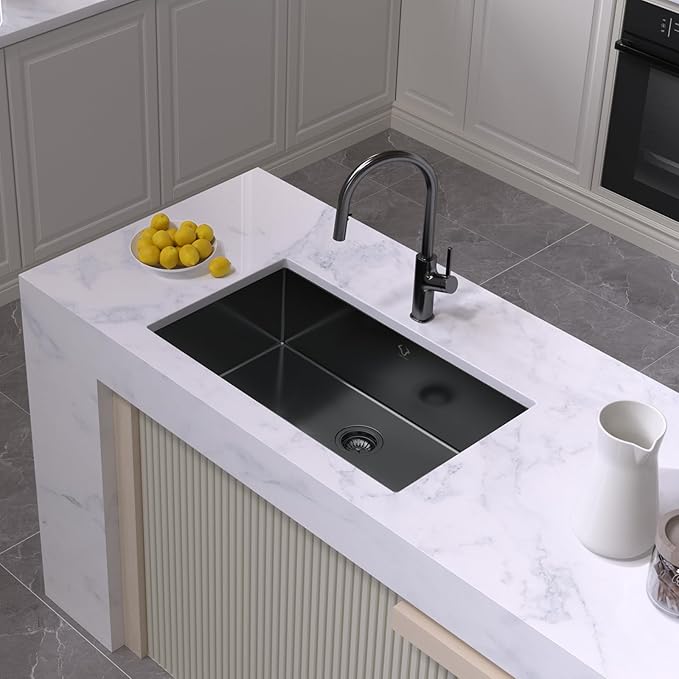Kitchen Sink 30x18 Inch Undermount Kitchen Sink 16 Gauge Stainless Steel Single Bowl Gun Metal Black Finish with Accessories