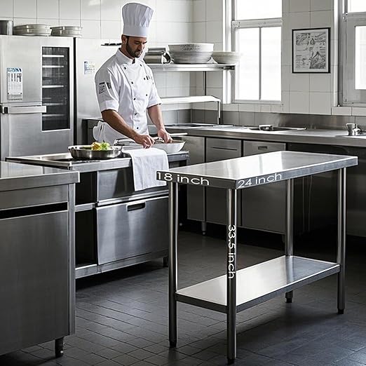 NSF Stainless Steel Table for Prep & Work with Caster 24 x 18 Inches, Metal Commercial Kitchen Table with Under Shelf and Adjustable Table Foot for Restaurant, Home and Hotel