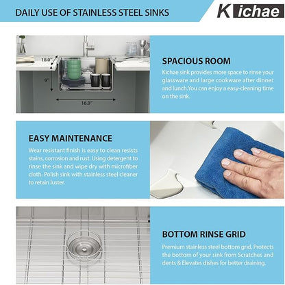 Kichae Drop In Bar Sink- 18 x 18 x 9 Inch Small Overmount Topmount Stainless Steel RV Sink Single Bowl Workstation Wet Bar Prep Kitchen Sinks Patio Handmade Basin with Cutting Board & Rack