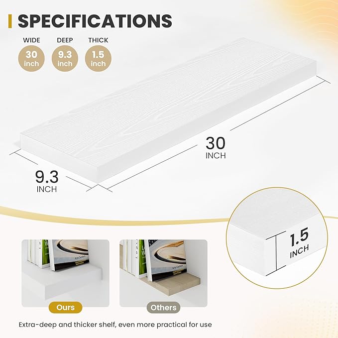 Acovy 30 Inch Floating Shelves, 9.3" Deep Floating Shelf Wall Mounted, 30" Wall Shelves, Rustic Deep Bookshelf, Large Display Shelves & Storage Shelves for Bedroom, Living Room, White, Set of 2