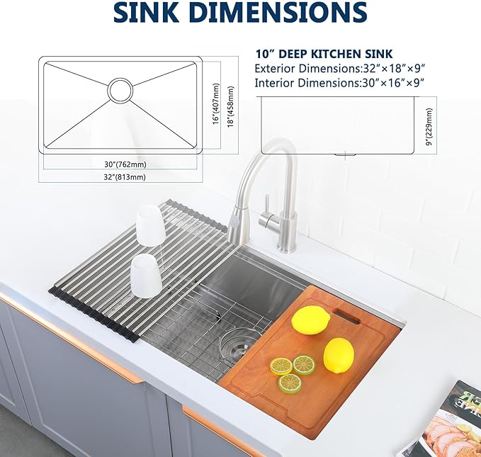 HOTIS 32 Inch Undermount Kitchen Sink Stainless Steel, 32" x 18" Single Bowl Undermount Workstation Sink, 16 Gauge Handmade Multifunction Chef Sink with Cutting Board & Accessories