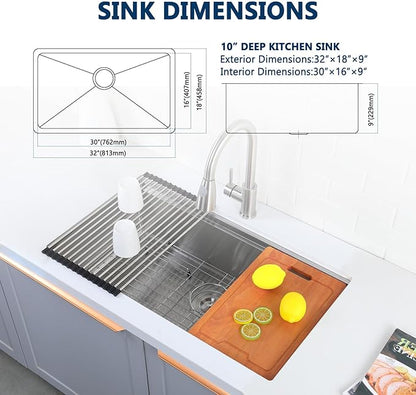 HOTIS 32 Inch Undermount Kitchen Sink Stainless Steel, 32" x 18" Single Bowl Undermount Workstation Sink, 16 Gauge Handmade Multifunction Chef Sink with Cutting Board & Accessories