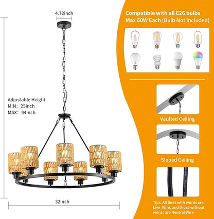 9-Light 32" Boho Rattan Chandeliers for Dining Room,Farmhouse Wagon Wheel Chandeliers,Adjustable Height Hanging Round Pendant Lighs for Kitchen Island,Wicker Lampshade Chandelier Light Fixture