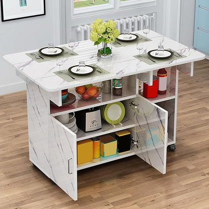 Kitchen Island with Drop Leaf, Rolling Island Cart Mobile Folding Dining Table with 4 Wheels and Shelf(White2,L120cm/47in)