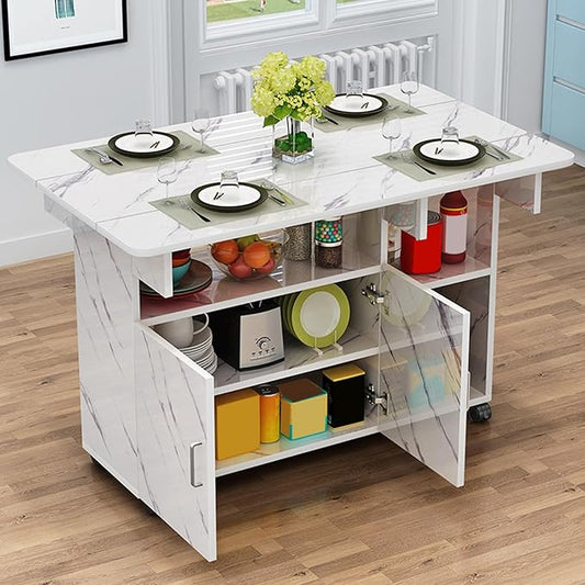 Kitchen Island with Drop Leaf, Rolling Island Cart Mobile Folding Dining Table with 4 Wheels and Shelf(White2,L100cm/39in)