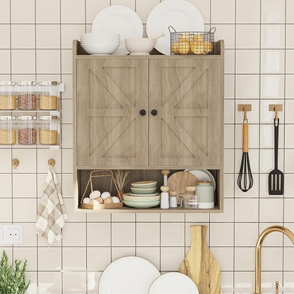 EasyCom 22" W x 26" H Bathroom Wall Cabinet, Farmhouse Medicine Cabinet with Adjustable Shelves and 2 Barn Doors, Over The Toilet Storage Cabinet for Bathroom, Kitchen, Living Room, Oak Grey
