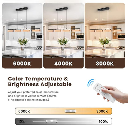 50.2" Linear Island Lights for Kitchen, 38W Wood Chandeliers for Dining Room, LED Rustic Dimmable Lighting Fixture for Farmhouse, 4-Light Pendant Lights for Kitchen Island Over Table