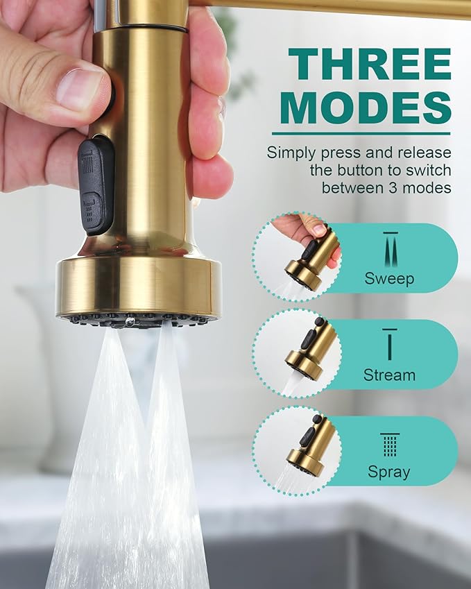 Pull Down Faucet Head Replacement: 3-Function Kitchen Faucet Head with 9 Adapters - Brushed Gold Kitchen Sink Spray Replacement Compatible with Moen, Delta, American Standard Faucets