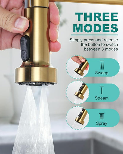 Pull Down Faucet Head Replacement: 3-Function Kitchen Faucet Head with 9 Adapters - Brushed Gold Kitchen Sink Spray Replacement Compatible with Moen, Delta, American Standard Faucets