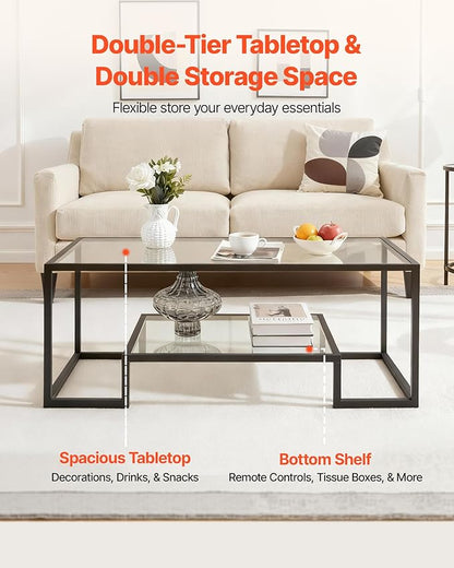 VEVOR Glass Coffee Table, Modern Glass Coffee Table, 2 Tiers Rectangle Glass Center Desk with Open Storage, Minimalist Sturdy Metal Frame Accent End Desk for Living Room, Office, Easy Assembly