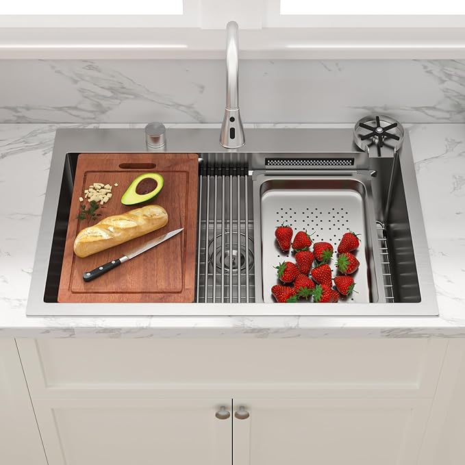 Sarlai 33 Inch Waterfall Kitchen Sink - 33x22 Inch Drop In Kitchen Sink Ledge Workstation Topmount Multifuctional Smart Stainless Steel 16 Guage Single Bowl Sinks Basin with Faucet