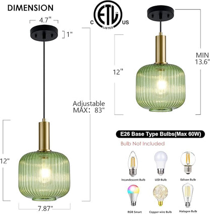 8 Inch Green Glass Pendant Lights Small Modern Chandelier Pendant Lighting Mid Century Hanging Lights Adjustable Kitchen Island Light for Dining Room Bedroom Hallway