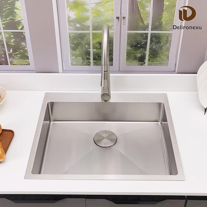 25x22 Drop In Kitchen Sink – Delironexu 18 Gauge Stainless Steel Kitchen Sink, 25 Inch Top Mount Kitchen Sink with Brushed Finish, 6 Inch Deep Single Bowl Kitchen Sinks for RV, Prep, and Outdoor Use