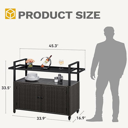 DWVO Patio Bar Table,Outdoor Kitchen Island with Glass Top,Rattan Patio Storage Cabinet with Wheels,Bar Cart for Poolside and Backyard,Black