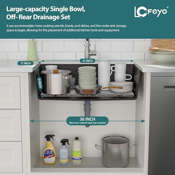 33 x 19 in Undermount Modern Quartz Granite Composite Workstation Kitchen Sink, Deep Single Bowl Basin with Accessories, Matte Black