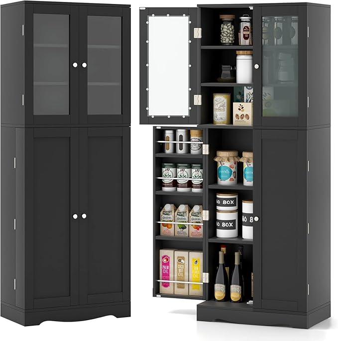 Giantex Pantry Organizers and Storage, 63.5” Tall Kitchen Cabinet, Food Buffet Cupboard with Glass Doors, Shelves with Baffle, Wooden Freestanding Sideboard for Dining Room Living Room (Black)